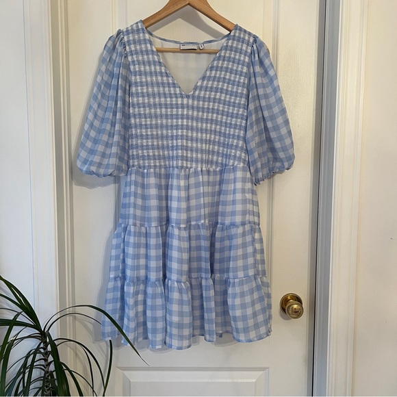 Blue & White Gingham Mini Dress - Picture 2 of 8